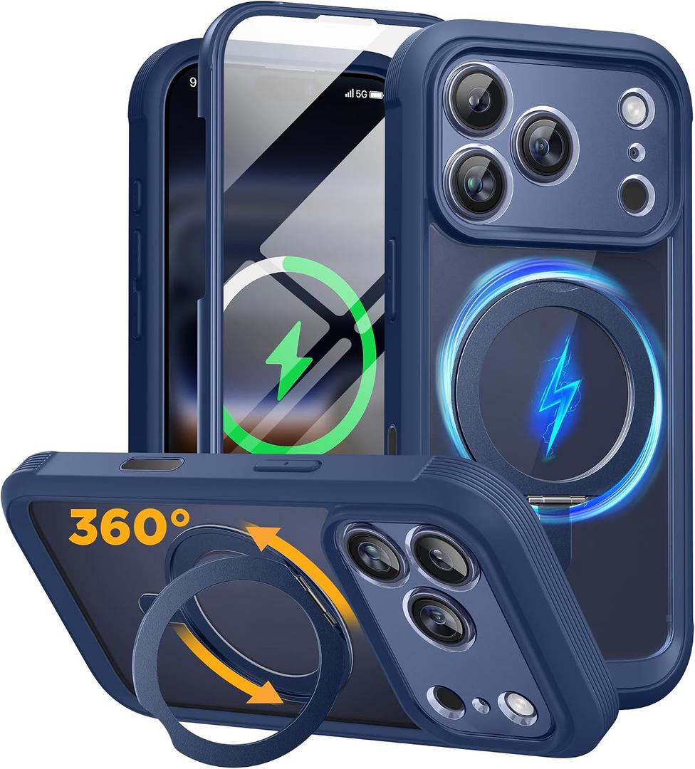 Miracase for iPhone 17 Pro Max Case with 360 Magnetic Ring Stand [Compatible with Magsafe] Full-Body Drop Proof Bumper Phone Case with Built-in 11H Tempered Glass Screen Protector, Blue