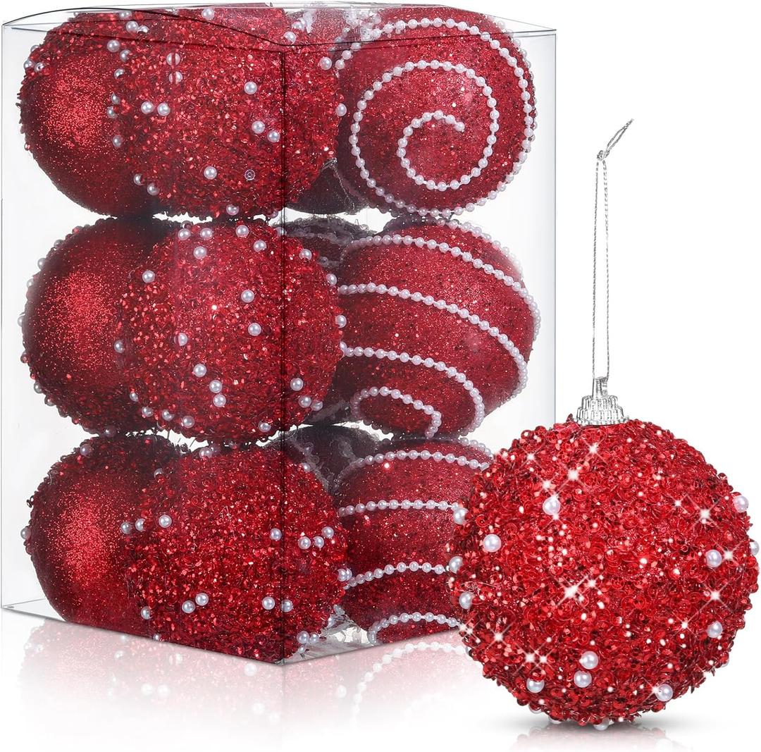 Liliful 12 Pcs Christmas Ball Ornaments Christmas Tree Decorations Shatterproof Foam Glitter Balls Hanging Xmas Tree Ornaments for Home New Year Holiday Indoor Outdoor Party Decor(Red,3.54 Inch)