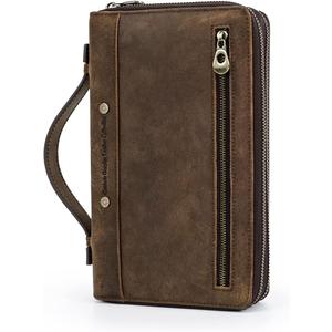 Crazy Horse Leather Men Clutch Hand Bags Genuine Leather Purse RFID Wallet Large Capacity Business Card Multifunction Zipper Handbag