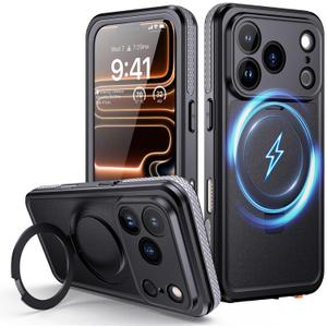 Lanhiem Magnetic for iPhone 17 Pro Max Waterproof Case, Dustproof Case Built-in Screen Protector, [Fit for MagSafe] [Invisible Stand] Shockproof Heavy Duty Underwater Case for 17 Pro Max (Black)