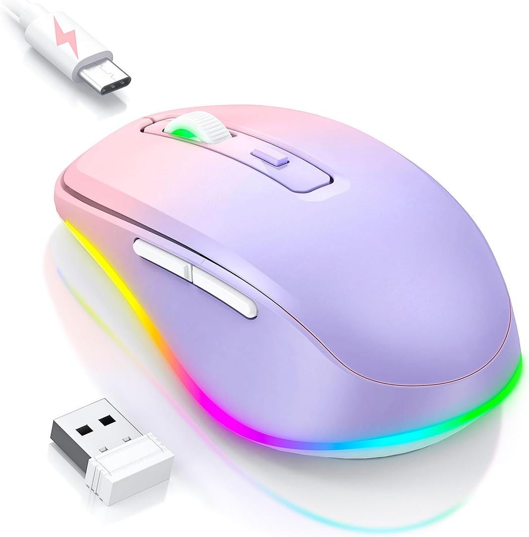 PEIOUS Wireless Mouse Jiggler - LED Wireless Mice with Build-in Mouse Mover, Rechargeable Moving Mouse for Laptop with Undetectable Random Movement Keeps Computers Awake - Purple to Pink