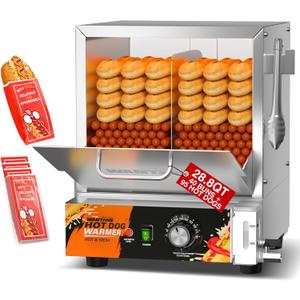 WantJoin Commercial Hot Dog Steamer - 28.8QT Stainless Steel Electric Hotdog Steamer Machine with Bun Warmer, Tempered Glass Steamer Machine for 95-105 Sausages & 30-40 Buns