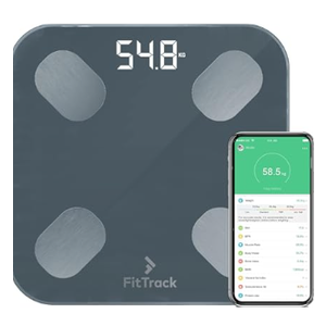 FitTrack Dara Smart BMI Digital Scale  Measure Weight and Body Fat  Most Accurate Bluetooth Glass Bathroom Scale (Black)