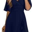 Dokotoo Women's Wrap V Neck Short Flared Sleeve Wedding Guest Dress Smocked Elastic Waist Tiered Belted Ruffle Hem Mini Dress (Medium)