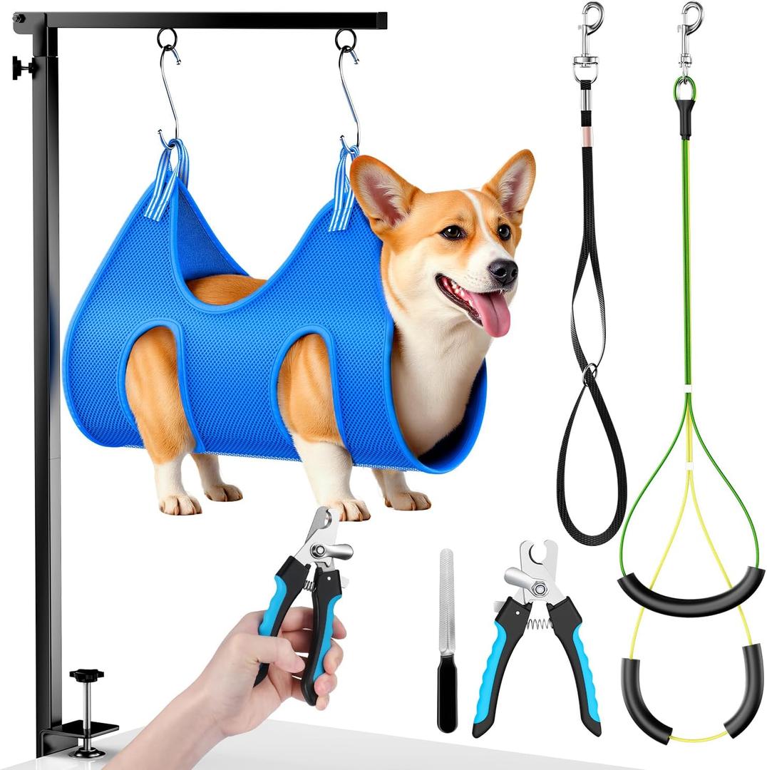 Dog Grooming Arm with Hammock, Adjustable 26"-38" Foldable Grooming Table Arm with Clamp & 2 No-Sit Holders, Heavy Duty for Small & Medium Dogs, Includes Nail Clippers (Table Not Included)