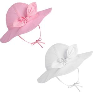 Syhood 2 Pieces Wide Brim Baby Girls Sun Hat Adjustable Sun Protection Summer Beach Hat for Toddler (0-12 Months, White and Pink)