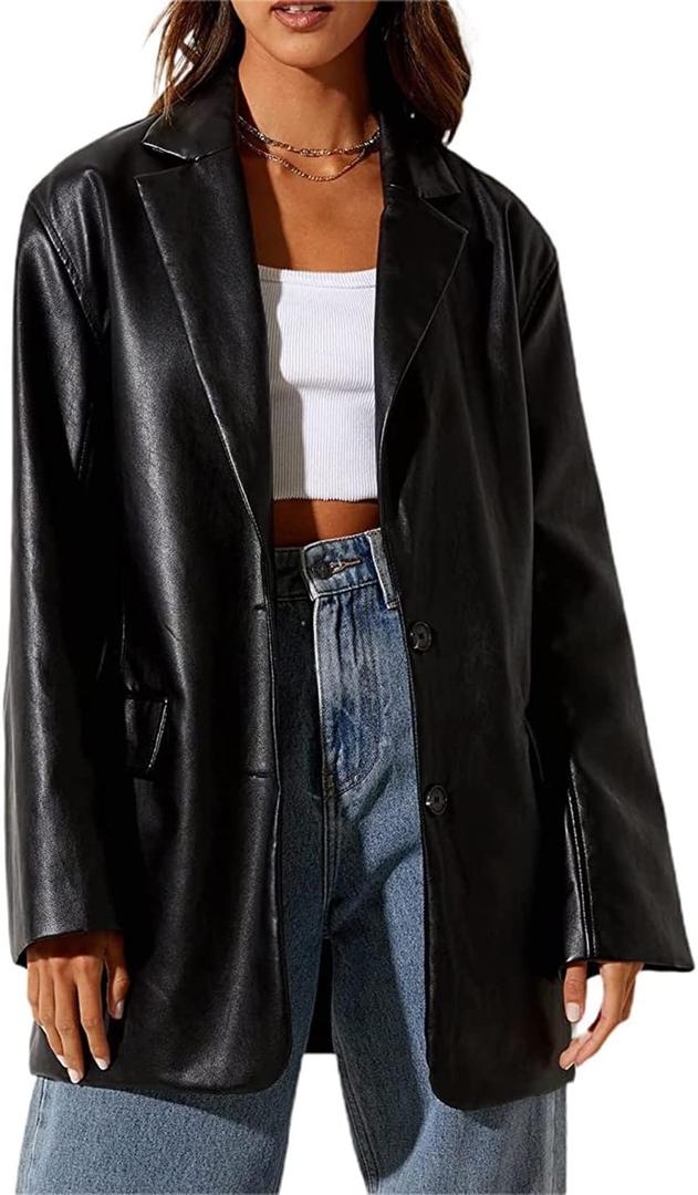 Women Leather Jacket Oversized Faux Leather Blazer Button Down Lapel Coat with Pockets Vintage Streetwear (Medium, Black)