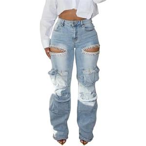 Women's High Waist Baggy Cargo Jeans Sexy Rhinestones Ripped Straight Wide Leg Denim Pants Y2K Streetwear with Pockets M