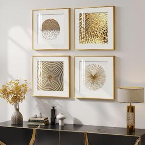 4 Pcs Framed Modern Gold and White Wall Art, Luxury Minimalist Canvas Pictures Prints, Geometric Painting Artwork Home Decoration for Hallway, Bathroom, Dining Room and Living Room