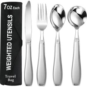 Weighted Utensils for Hand Tremors and Parkinson's Patients - 4 Piece Set of Heavy Stainless Steel Silverware for Elderly, Arthritis, Weak Hand Grip - Includes Knife,Fork,Spoons with Travel Bag,7 Oz