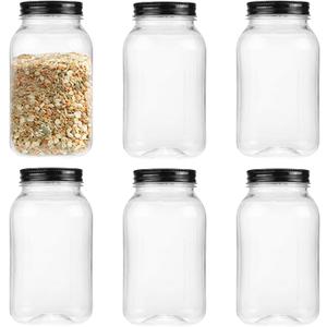32 Ounce Clear Plastic Mason Jars With Screw On Lid, Reusable Empty Jars for Food Storage, Round BPA Free Containers for Sealing, Dry Food, Snacks, Candies, Breakage-proof, (Black - 6 Pack)