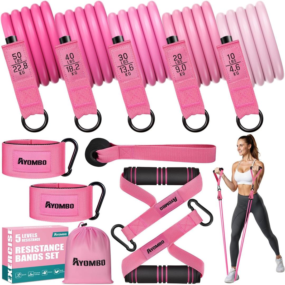 Resistance Bands with Handles for Women, Exercise Bands Set for Physical Therapy Yoga Pilates, 5 Level Workout Bands for Working Out with Door Anchor, Home Gym Fitness Equipment (1-Pink)