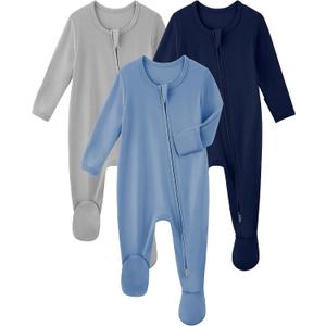 Yoofoss Rayon Made From Bamboo Baby Pajamas 3pcs Newborn Sleepers For Boy Girl Clothes, 0-3 3-6 6-9 Months Footed Pjs (Blue&grey&navy)