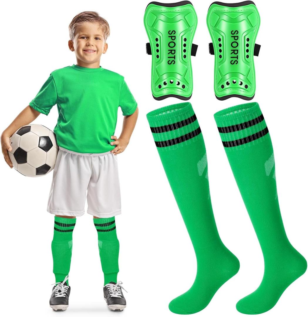 Syhood Soccer Shin Guards and Socks for Toddler Kids Youth, Lightweight Soccer Shin Pads Protective Defender Gear for 3-5, 5-10, 10-15 Years Old Children Teen Boys Girls Sports Game (Green, Size S)