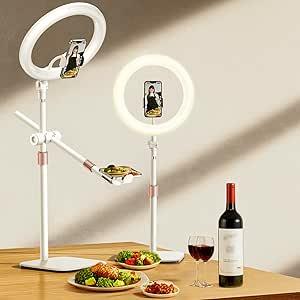 Overhead Phone Mount,Overhead Camera Mount Stand[Anti-Shaking] with 10.5" Ring Light,Desk Stand for iPhone with Ring Light for Video Recording,Zoom Meeting,YouTube,TikTok, White 