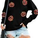VILOVE Halloween Pumpkin Sequin Sweatshirt Women: Pumpkin Face Long Sleeve Tops Fall Hoodie Party Pullover (Pink, XL)