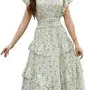 Womens Summer Floral Dress 2026 V Neck Short Sleeve Chiffon Boho Flowy Beach Casual Maxi Long Dresses for Women Yellow Green (L)