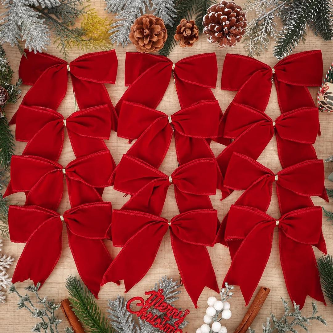 12 Pcs Christmas Velvet Bows 6 Inch Rustic Wreath Gift Bows Vintage Xmas Ribbon Bows Holiday Ornaments for Christmas Tree Wreath DIY Xmas Crafts Home Decorations (Red)