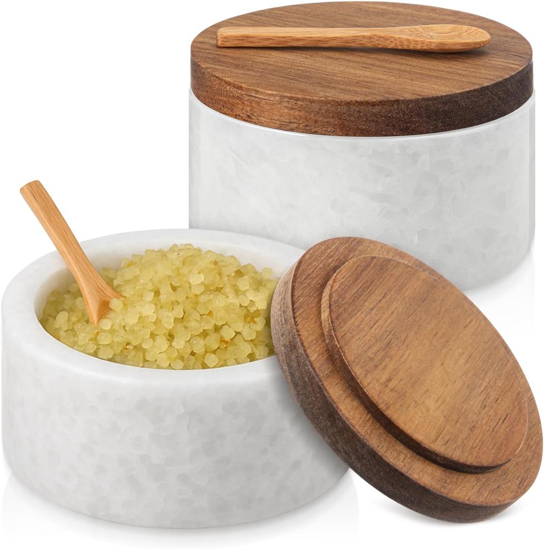 2 Set White Marble Salt and Spice Cellar with Lid and Spoon Marble Salt and Pepper Cellars Elegant Modern Container for Kitchen Countertop Keeps Spices Dry