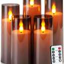 Amagic Grey Flameless Candles with Remote, Flickering Battery Operated Candles with Timer, Acrylic LED Fake Candle for Halloween Home Decor, 3D Wick, D2.2 xH5 5" 6" 7" 8", Set of 5 (Grey & Warm Yellow Light)