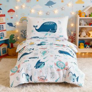 PERFEMET 4 Pcs Toddler Bedding Set Ocean Themed Toddler Comforter for Girl Soft Reversible Under Sea Animals White Toddler Bed in A Bag for Boys Girls(White, Whales)