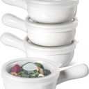 LE TAUCI Soup Bowls with Handles and Silicone Lids, 15 Oz French Onion Soup Bowls, Non-Toxic Ceramic Soup Crocks for Noodles, Stew, Cereal and Chilli, Oven Microwave Dishwasher Safe, Set of 4, White