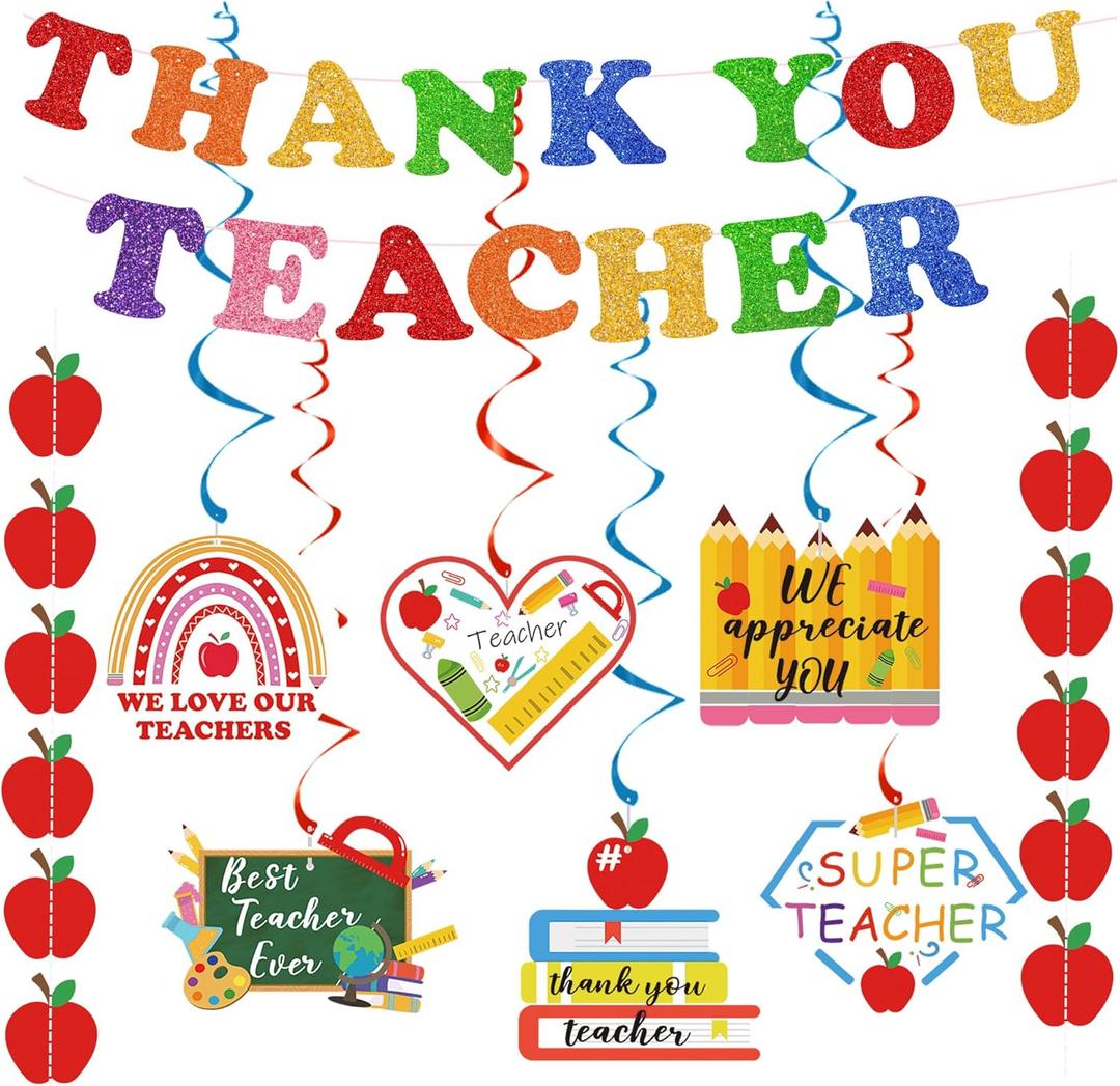 Teacher Appreciation Week Decorations Set - Thank You Teacher Hanging Swirls, Teachers Banners, Apple Garland Strings for Teacher's Day - Teachers Day School Office Classroom Decor