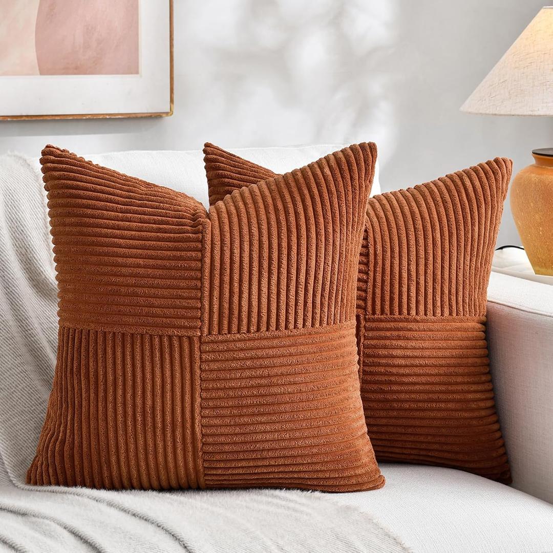 Fancy Homi 2 Packs Rust Boho Decorative Throw Pillow Covers 18x18 Inch for Couch Bed Sofa, Farmhouse Fall Home Decor, Soft Corss Corduroy Patchwork Textured Terracotta Accent Cushion Case