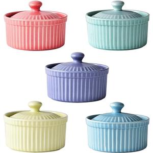 Meltset 5.5 Oz Ramekins with Lids Oven Safe Ceramics Ramekin Bowls for Baking, Porcelain Bake Dishes for Souffle, Creme Brulee, Lava Cake, Ice Cream Desserts, Snacks (Set of 5 (All Color)