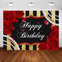 Avezano Red Rose Birthday Backdrop for Girls Woman Party Decorations Red Roses Floral Pearl Black and Gold Stripes Happy Birthday Party Banner Photoshoot Photography Background Party Supplies (8x6ft)