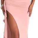 LAGSHIAN Women's Elegant Bodycon Off Shoulder Ruched Split Hem Long Formal Basic Evening Dress Black (Pink, L)