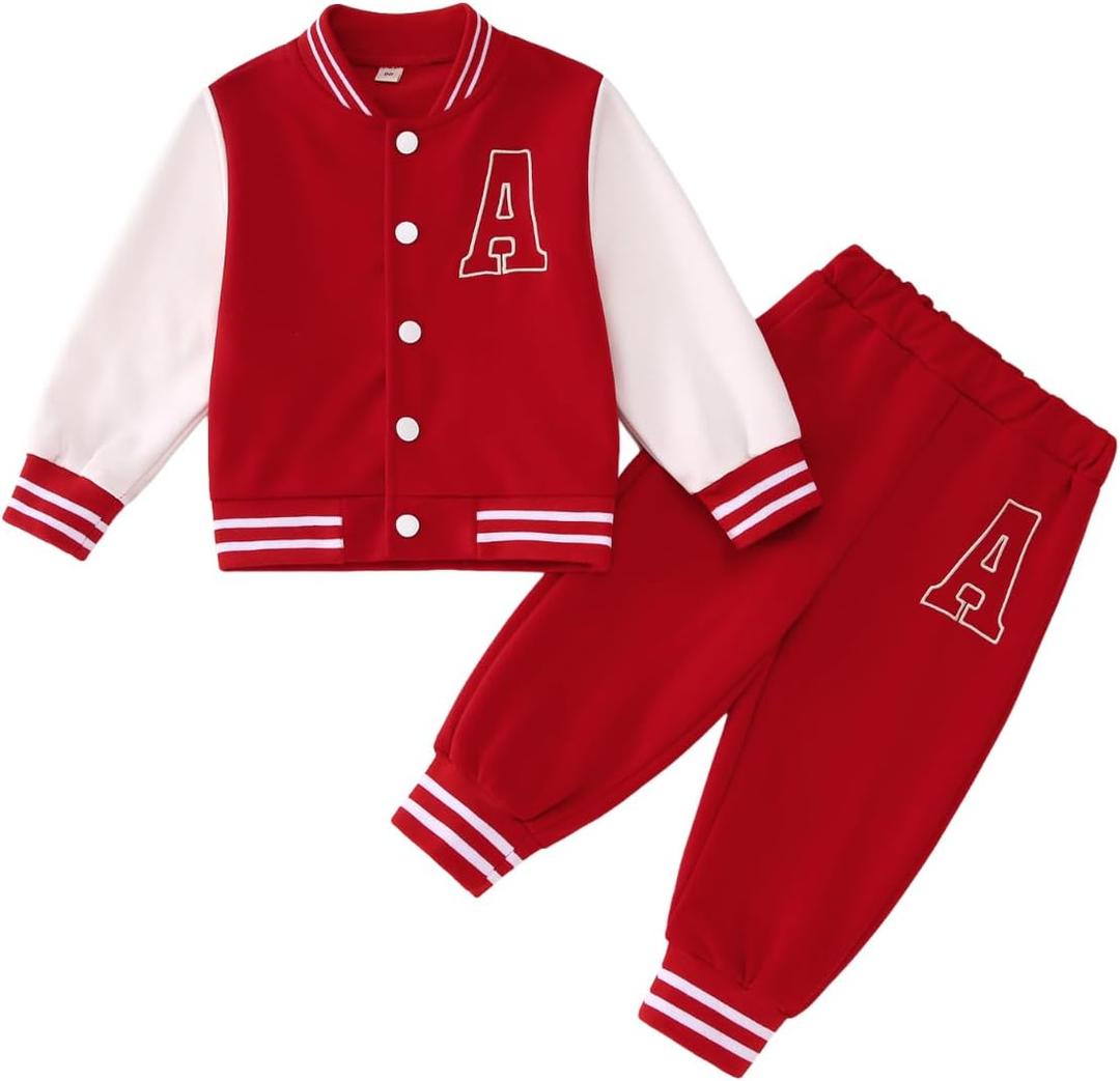 MODNTOGA Toddler Girl Boy Contrasting Baseball Suit Set Letter A Print Jacket Sweatpants Activewear Fall Winter Outfit 2PCS (5-6 Years, Red)
