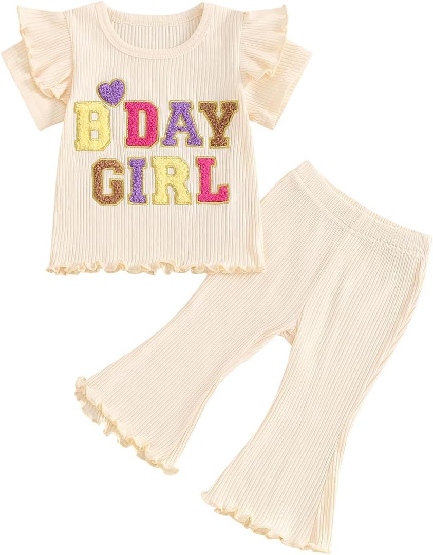 Babieshouse Toddler Baby Girl Birthday Outfit Ruffle Ribbed Short Sleeve T-Shirt Tops Flare Pants Bell Bottoms Clothes Set