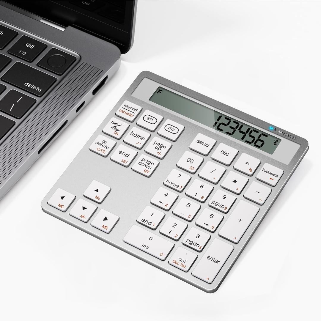 HoRiMe Number Pad for Laptop - Rechargeable Wireless Number Keypad 34 Keys with Dual Bluetooth, 2 in 1 Numeric Keypad Calculator with Display - Portable Slim Numpad for Windows, Mac, iMac, PC, Tablet