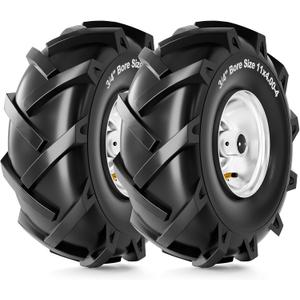 RONPOW 11x4.00-4 Tiller Tire and Wheel, 3/4" Axle Bore, 3-1/8" Centered Hub, 400 lb Load Capacity, 4 Ply Pneumatic Replacement Tire for Rototiller & Garden Tiller, 2 Pack Silver