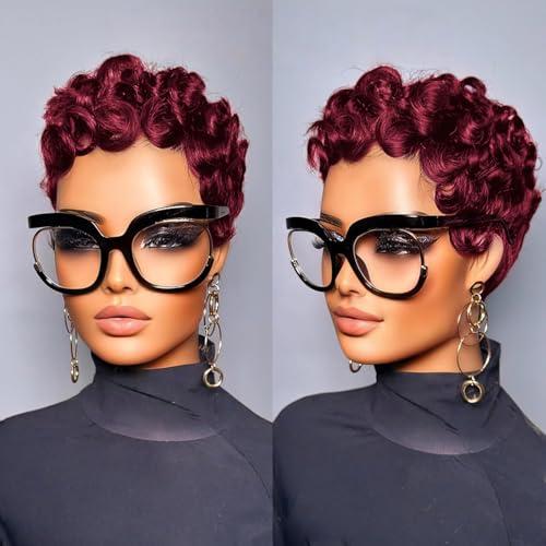 Jgzpfo Pixie Cut Wig Human Hair for Black Women Short Pixie Cut Wigs Natural Looking 100% Real Human Hair Wigs Glueless Full Machine Made Wigs for Black Women (C-025 99J)