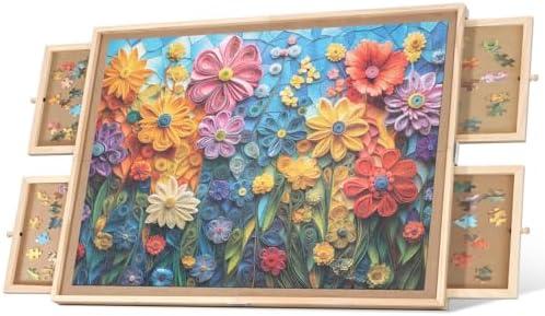 BuilderButler 1000 Pieces Assembly Required Rotating Puzzle Board with 4 Drawers, Lazy Susan & Transparent Cover, 28.7"x20.9" Portable Wooden Jigsaw Puzzle Table, Great Gift for for Puzzle Enthusiasts