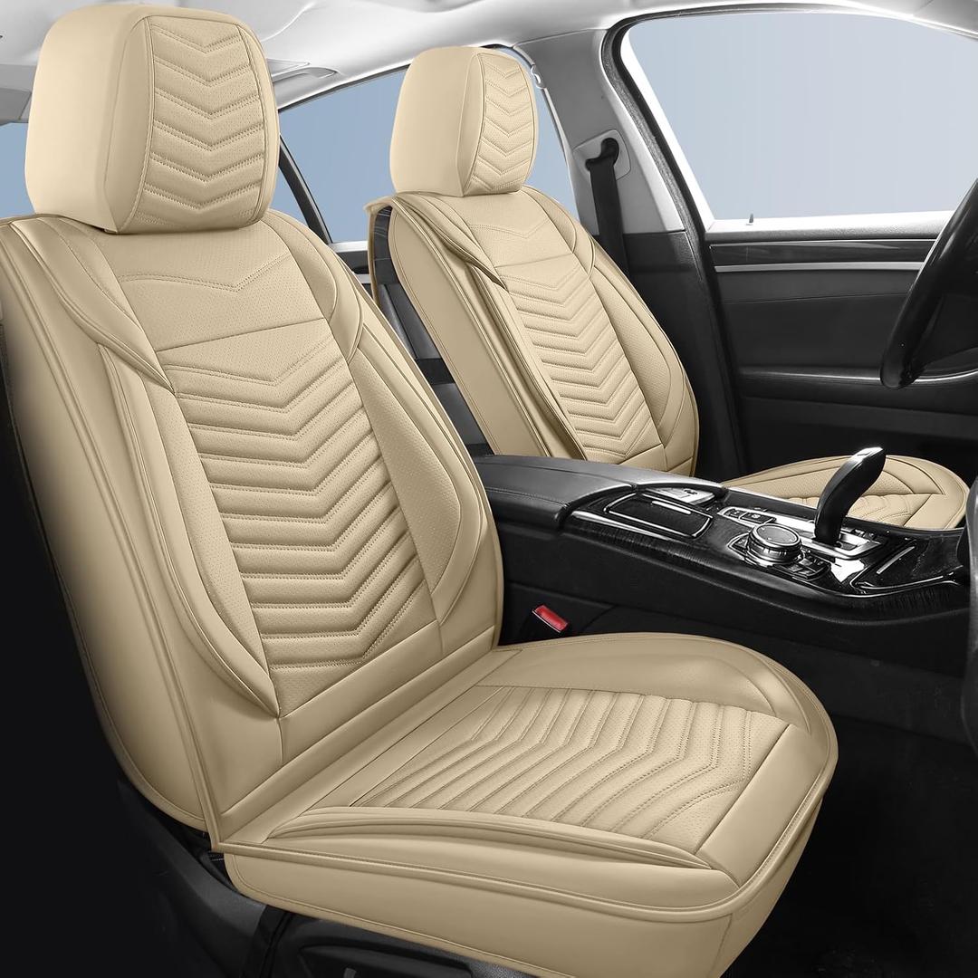 HChengkikz Nappa Leather Car Seat Covers Front Seats, Beige Car seat Protector, Waterproof Car Seat Cushion, Universal Automotive Seat Covers Fit for SUV Truck Pick-up Sedan and Most Cars