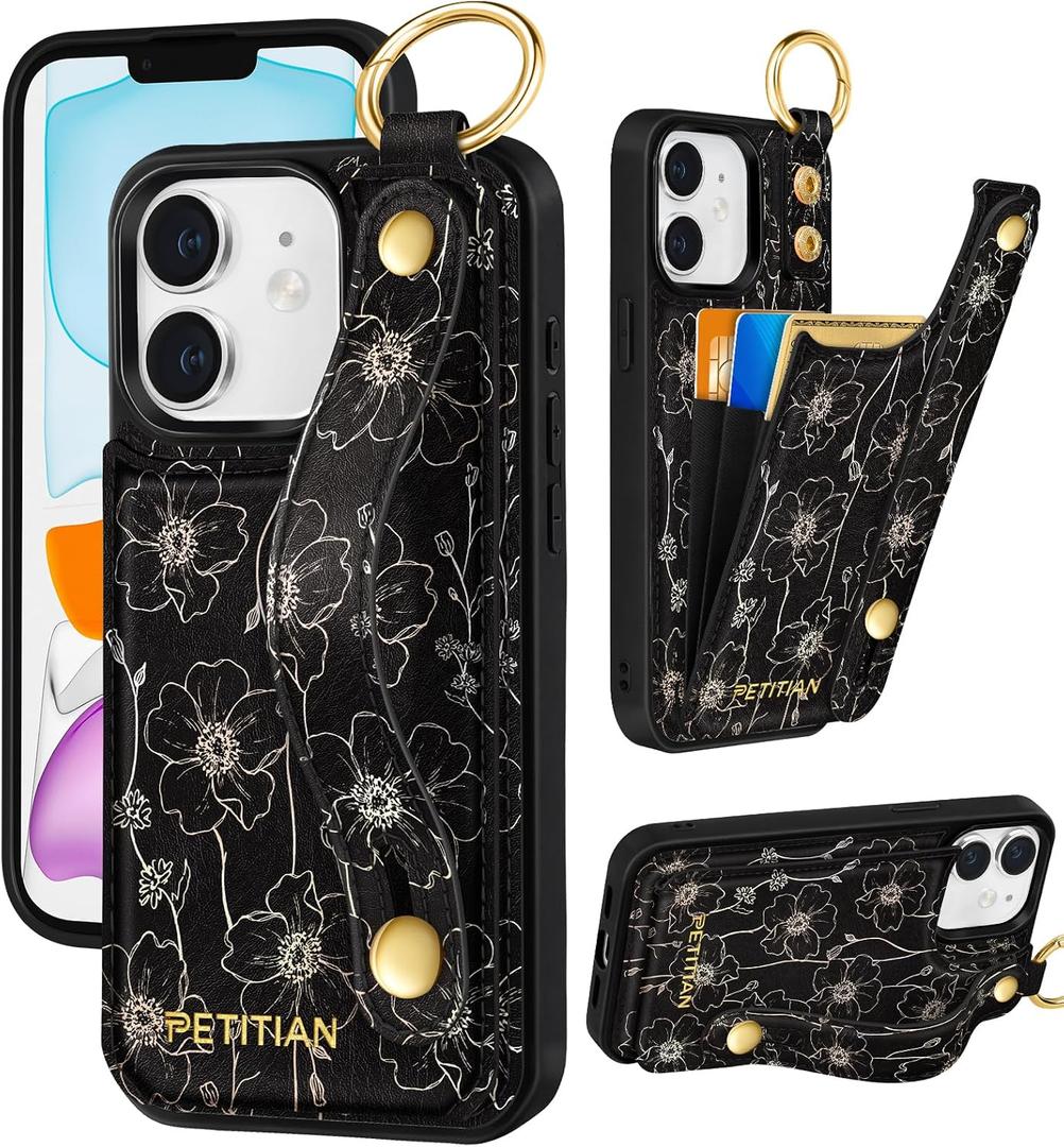 Petitian for iPhone 11 Wallet Case - Women Girls Cute Girly Aesthetic Unique Design Leather Credit Card Holder Phone Cover Stand Wristband for iPhone 11, Line Floral