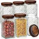 Domensi 6 Pack Vintage Glass Jars with Lids 34 oz with Begonia Pattern Acacia Wood Mason Jar Lids Airtight Pantry Containers for Kitchen Countertop Tea Coffee Spices and Snacks