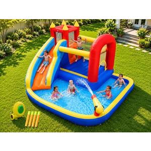 Inflatable Water Slide Bounce House with Splash Pool, Jumping Area, Climbing Wall & Basketball Hoop, Kids Water Slide Bouncer with 450W Air Blower for Backyard Indoor Outdoor Use