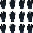DALEDWN 12 Pairs Black Winter Magic Gloves: Unisex Adult Stretchy Warm Knit Full Fingers Gloves for Teens Men Women