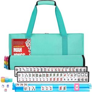 American Mahjong Tile Set,166 White Tiles Mahjong Set,4 Colors Mahjong Racks,Travel Mahjong Set with Green Carrying Bag