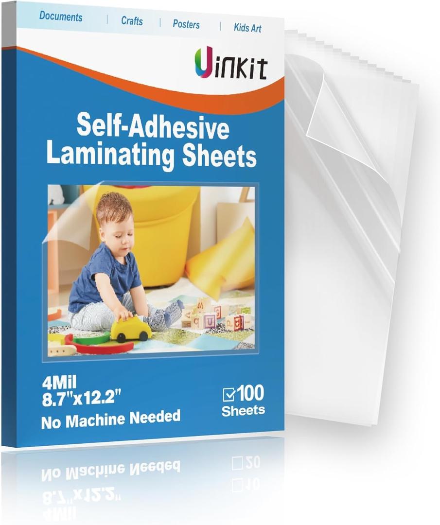 Uinkit 4mil Thicker Self-Adhesive Laminating Sheets, 100Pack Letter Size 8.5x11" - Peel & Stick, No Heat Needed - Dry-Erase Friendly Surface for Reusable Documents, Kids Art, Posters & Crafts