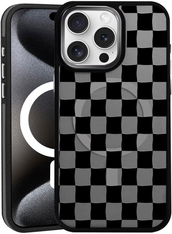 DAIZAG Magnetic Case for iPhone 16 Pro, [All-Around Shockproof Corners] [Compatible with MagSafe], Black Translucent Matte Cover,Checkerboard Black White