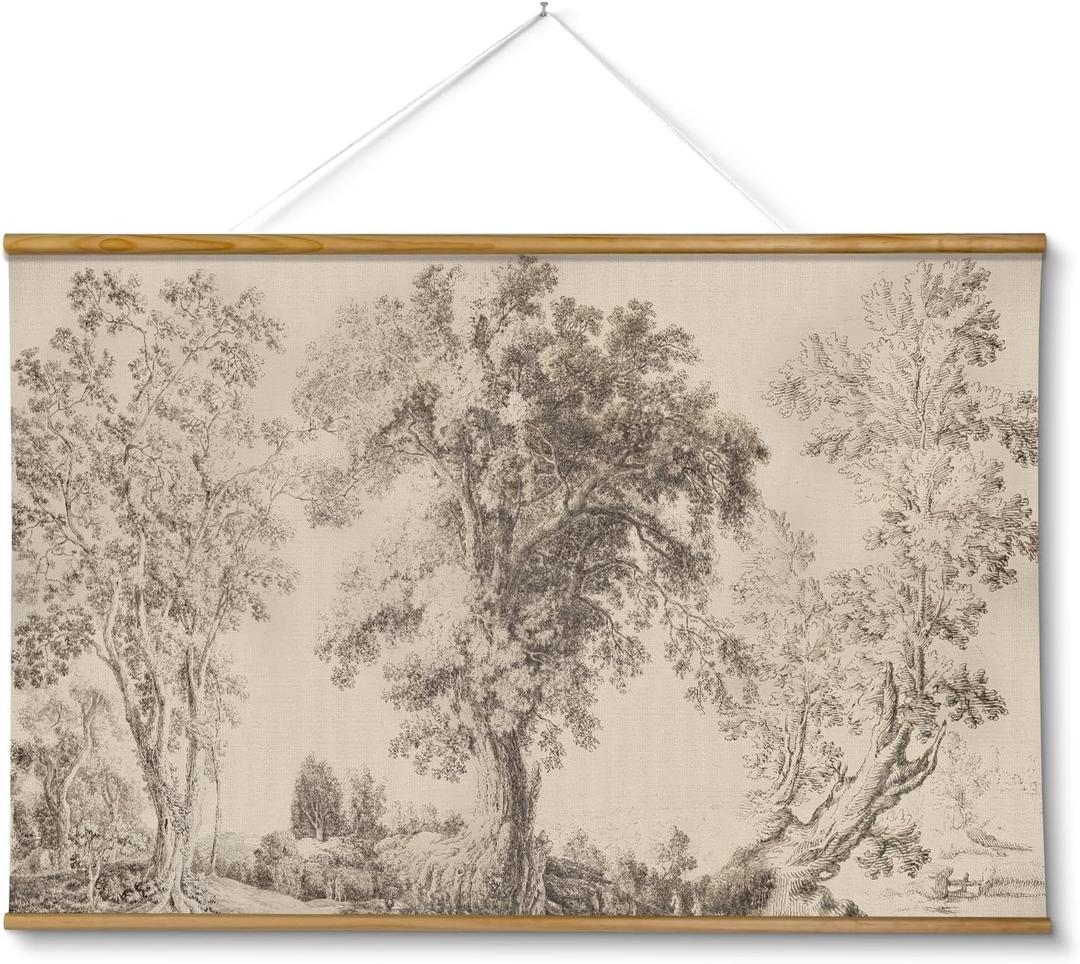 VIYYIEA Extra Large Size Canvas Wall Art, 36x54 Inch Vintage Tree Landscape Hanging Scroll, Oversized Rustic Nature Artwork for Living Room, Bedroom, or Study (Three Trees Composition)