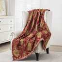 Loom and Mill Luxury Throw Blankets for Bed, Classic Damask Jacquard Bed Throws with Fringes Trim, Soft Lightweight Velvet Lined Fall Throw Blanket for Couch Sofa Chair (Red, 52x72)