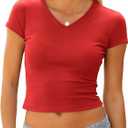 Women's Basic V Neck Short Sleeve T Shirts Summer Cute Baby Tee Slim Fit Cotton Tops (Red, M)