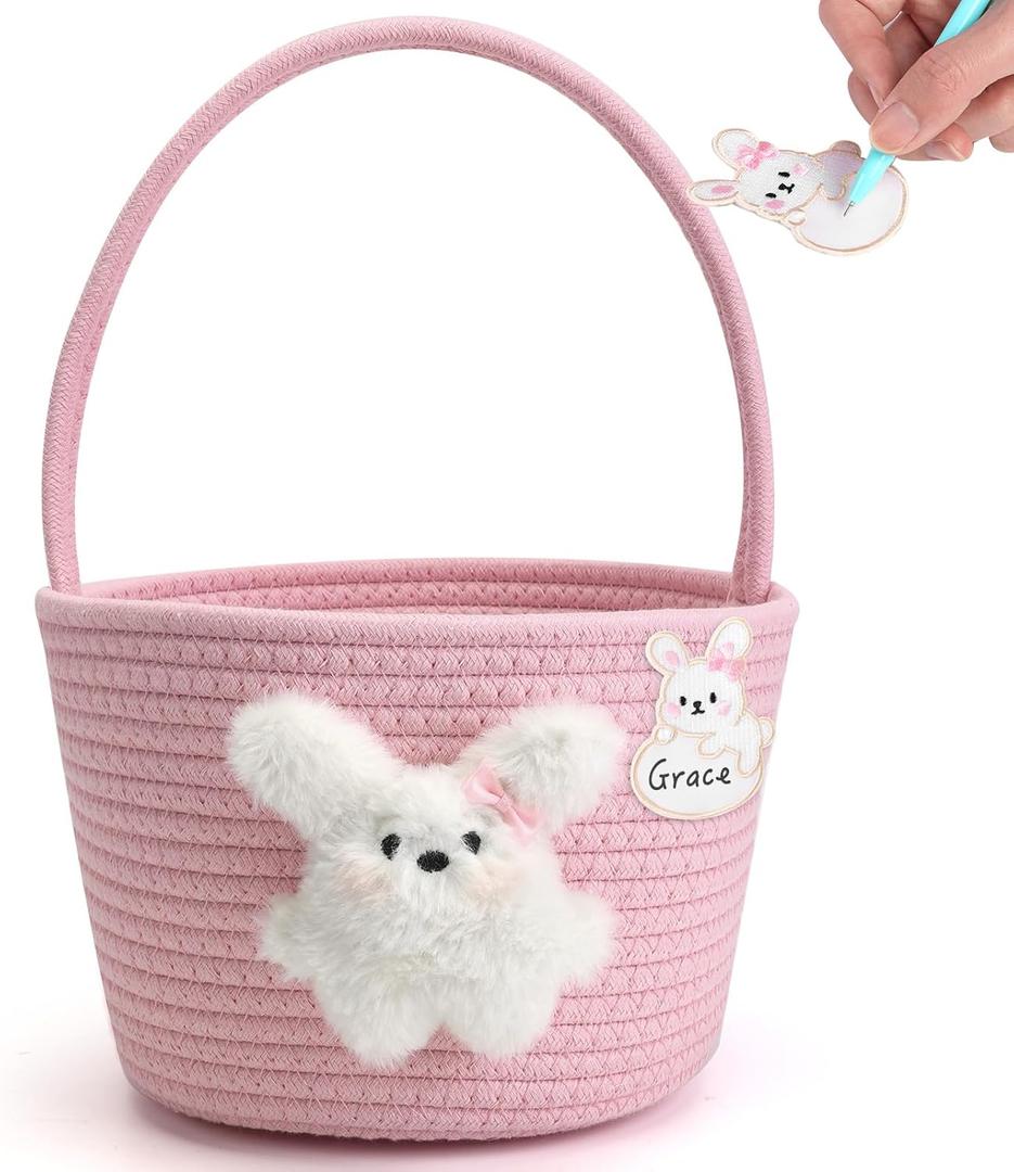 Pink Easter Basket for Kids, Reusable Woven Basket with Handle, Bunny Easter Gift Bag for Girls & Toddlers, Egg Hunt Bag (pink)