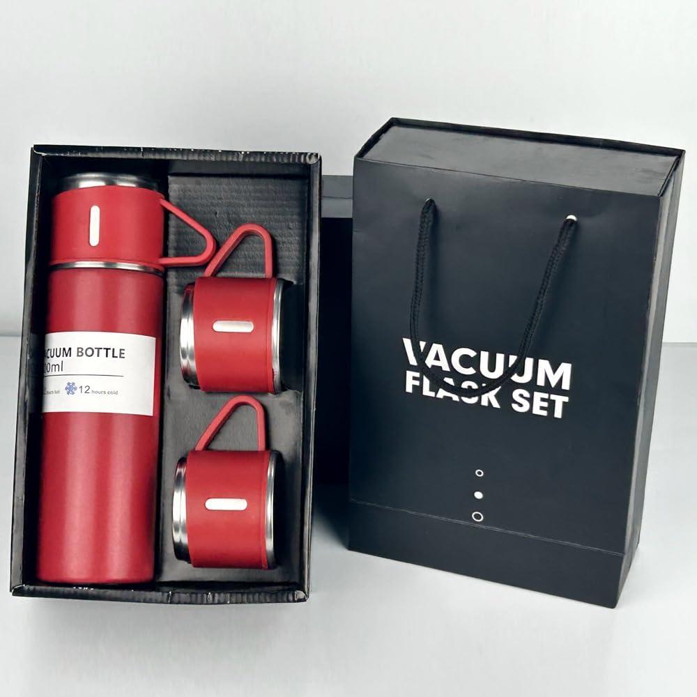 Water Bottle Mug Tumbler Gift Set with 3 Lids – Premium Stainless Steel in Red – Leakproof, Insulated Travel Drinkware Set for Hot & Cold Beverages